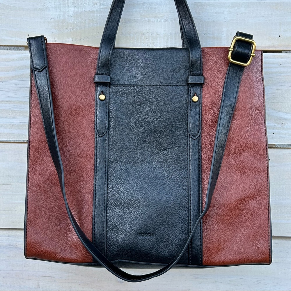 FOSSIL Kingston Satchel Black and Brown Leather Bag Excellent Condition